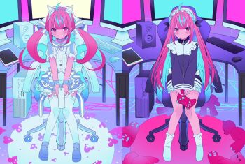 1girl :/ ahoge alternate_costume anchor_symbol animal_ear_hairband animal_ears aqua_hair blue_bow blue_bowtie blue_choker blue_dress blue_jacket blunt_bangs bow bow_choker bowtie cat_ear_hairband cat_ears chair choker colored_inner_hair commentary_request computer_keyboard computer_mouse controller dress drill_hair fake_animal_ears fanged_bangs frilled_dress frilled_hairband frilled_jacket frills full_body game_controller gaming_chair gun hair_ribbon hairband headset holding holding_controller holding_game_controller holding_gun holding_weapon hololive indoors jacket knees_together_feet_apart loafers long_hair long_sleeves looking_at_viewer minato_aqua miwasiba monitor multicolored_hair multiple_monitors official_art on_chair pink_eyes pink_hair puffy_short_sleeves puffy_sleeves ribbed_dress ribbon rug sailor_collar shoes short_dress short_sleeves sitting smile socks speaker split_screen streaked_hair striped_bow striped_bowtie striped_clothes stuffed_animal stuffed_toy swivel_chair tablet_pc teddy_bear thighhighs tiara twin_drills twintails two-tone_hair virtual_youtuber weapon white_dress white_hairband white_socks white_thighhighs