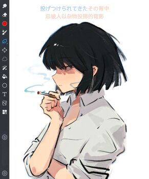 1girl aaaduorenzu alternate_costume art_program_in_frame bandaid bandaid_on_face black_hair bob_cut cigarette collared_shirt expressionless hand_on_own_elbow hand_up highres holding holding_cigarette limbus_company partially_shaded_face project_moon red_eyes ryoshu_(project_moon) screencap shirt short_hair sleeves_rolled_up smoke smoke_trail solo translation_request white_shirt