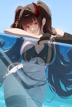 1girl absurdres asymmetrical_horns bikini bluejump breasts broken_horn chain cross demon_horns highres horns jegal_geumja large_breasts multicolored_hair navel partially_submerged pool red_hair red_horns solo swimsuit tatsuto_(vhrd8737) underboob virtual_youtuber