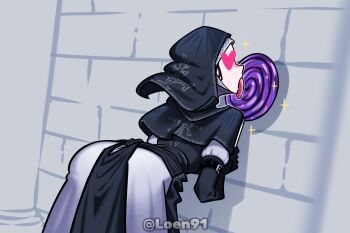1girl against_wall ass bent_over black_capelet black_hood brick_wall buckle candy capelet dress elbow_gloves elden_ring elden_ring_nightreign food from_behind gloves hashtag-only_commentary heart heart-shaped_eyes highres holding holding_food licking loen lollipop nun pelvic_curtain solo sparkle swirl_lollipop twitter_username undertaker_(elden_ring) white_coif white_dress