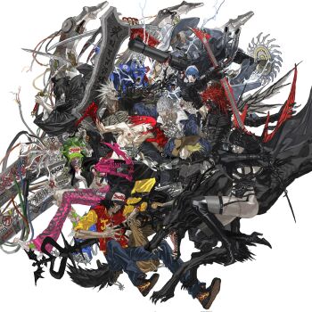 baseball_cap black_cloak black_hair chinese_text cloak hat highres multiple_boys multiple_girls original red_hair suzumesakiii weapon wolf