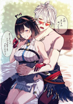 1boy 1girl absurdres ahoge atelier_(series) atelier_yumia between_breasts black_hair breasts coin collarbone commentary_request corset couple eyelashes fingerless_gloves gloves grey_corset grey_hair grey_shirt hetero highres holding holding_coin indoors large_breasts looking_at_viewer mole mole_under_eye on_bed purple_hair red_gloves rgbjt rutger_arendt sharp_teeth shirt short_hair sitting smile strap_between_breasts sunglasses teeth toned toned_male translation_request undercut wilted_ahoge yumia_liessfeldt