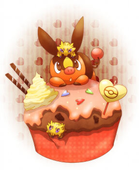animal_focus blue_eyes brown_eyes bug commentary_request cupcake food food_focus gen_5_pokemon heart joltik nintendo no_humans open_mouth pig pokemon pokemon_(creature) pokemon_focus spider sprinkles tepig tokusa403