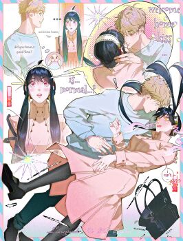 Rule 34 | ahoge, artist name, bag, black hair, black pants, black pantyhose, black shoes, blonde hair, blush, breasts, coat, commentary, couple, earrings, english text, gold earrings, hairband, hand in another's hair, handbag, hetero, highres, jewelry, lacampanule, long coat, medium breasts, open mouth, pants, pantyhose, parted lips, pink coat, rabbit, red eyes, shoes, short hair, sidelocks, spy x family, sweater, symbol-only commentary, twilight (spy x family), updo, white hairband, white sweater, yor briar