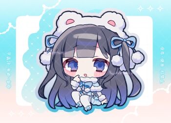 Rule 34 | 1girl, :d, black hair, blue bow, blue dress, blue eyes, blue hair, blue ribbon, blush stickers, bow, capelet, chibi, chibi only, commentary request, dress, footwear bow, full body, fur-trimmed capelet, fur-trimmed dress, fur-trimmed sleeves, fur trim, gradient hair, hair ribbon, hand up, hat, highres, index finger raised, long hair, long sleeves, looking at viewer, multicolored hair, open mouth, original, pom pom (clothes), ribbon, satou uyu, shoes, smile, solo, thighhighs, two side up, very long hair, white background, white hat, white shoes, white thighhighs
