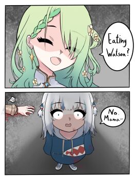 3girls :d ^_^ blood blood_on_clothes blood_on_face blue_eyes blue_hair blue_hoodie braid braided_bangs ceres_fauna ceres_fauna_(1st_costume) closed_eyes commentary corpse death english_text eyes_visible_through_hair fong_(fongthe0125) gawr_gura gawr_gura_(1st_costume) green_hair grey_hair hair_ornament hair_over_one_eye highres hololive hololive_english hood hood_down hoodie long_hair long_sleeves multicolored_hair multiple_girls open_mouth shoes smile spoken_expression standing streaked_hair two_side_up virtual_youtuber watson_amelia watson_amelia_(1st_costume) wavy_mouth white_shoes wide-eyed