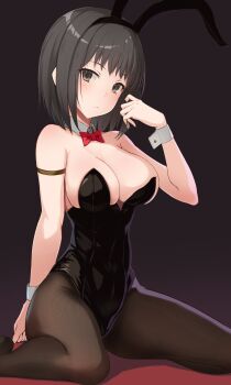 1girl adjusting_hair animal_ears arm_strap black_hair black_leotard black_pantyhose bow bowtie breasts brown_eyes cleavage closed_mouth commentary_request detached_collar fake_animal_ears highres k3rd large_breasts leotard light_blush looking_at_viewer medium_hair multiple_girls paid_reward_available pantyhose playboy_bunny rabbit_ears red_bow red_bowtie simple_background sitting solo takitsubo_rikou toaru_anbu_no_item toaru_kagaku_no_railgun toaru_majutsu_no_index wariza white_wrist_cuffs wrist_cuffs