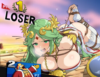 1boy 1girl 2025 absurdres arms_behind_back ass asymmetrical_legwear bdsm blush bondage bound bound_ankles bound_arms bound_breasts bound_legs bound_torso bound_wrists box_tie breasts breath cleavage defeat dress fake_screenshot female_focus gauntlets gold_necklace green_eyes green_hair highres hogtie huge_breasts jewelry kid_icarus king_dedede long_hair lying necklace nintendo no_shoes on_stomach open_mouth outdoors palutena parted_bangs shibari solo super_smash_bros. sweat tiedtiki white_dress