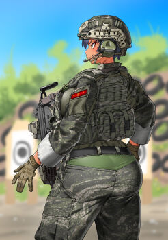 1girl absurdres ass assault_rifle belt black_hair blue_sky blurry breasts brown_gloves bulletproof_vest camouflage camouflage_pants camouflage_shirt combat_helmet cowboy_shot daewoo_k1 depth_of_field ear_protection fang from_behind gloves gun gun_sling helmet highres hitch_(perotoss) large_breasts laser_sight mechanix_wear optical_sight original outdoors paid_reward_available pants republic_of_korea_army republic_of_korea_marine_corps rifle sergeant_joo shirt short_hair sky sleeves_rolled_up slit_pupils solo tan target weapon yellow_eyes