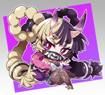 1girl akaneya ayaka_(athighhighguy) blonde_hair breasts chibi cleavage commission crossed_legs denim denim_shorts ear_piercing eyebrows_hidden_by_hair fishnet_pantyhose fishnets full_body hair_rings highres horns jacket large_breasts long_hair looking_at_viewer makeup mask mouth_mask multicolored_hair original pantyhose piercing pink_eyes purple_hair purple_jacket second-party_source short_shorts shorts simple_background sitting skin-covered_horns skindentation solo teeth_print_mask two-tone_hair very_long_hair