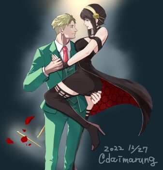 1boy 1girl bare_shoulders black_boots black_dress black_hair blonde_hair blue_eyes boots breasts daimaru_(s29y2c) dated dress dress_shirt earrings falling_petals flower formal_clothes gloves grabbing_another&#039;s_ass green_suit green_vest groping hair_flower hair_ornament hairband hetero high_heel_boots high_heels highres jewelry large_breasts long_hair looking_at_another necktie petals red_eyes red_necktie shirt short_hair sidelocks simple_background spy_x_family suit thigh_boots twilight_(spy_x_family) twitter_username undercut vest white_shirt yellow_hairband yor_briar