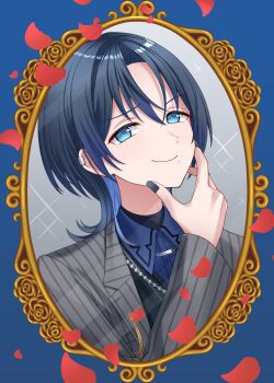 Rule 34 | 1girl, absurdres, black hair, black nails, black sweater, blue background, blue eyes, blue hair, blue shirt, collared shirt, colored inner hair, earclip, falling petals, gradient hair, grey jacket, highres, hiodoshi ao, hiodoshi ao (1st costume), hololive, hololive dev is, jacket, jewelry, looking at viewer, medium hair, mirror, mole, mole under eye, multicolored hair, necklace, petals, pinstripe jacket, pinstripe pattern, reflection, shirt, solo, suit jacket, sweater, takochan77, v-neck, virtual youtuber