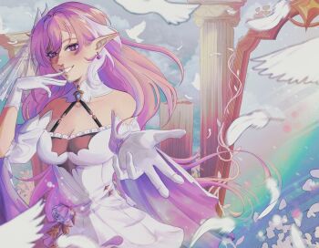 1girl alternate_costume bare_shoulders bird breasts bridal_veil cleavage commentary diamond-shaped_pupils diamond_(shape) dove dress earrings elysia_(herrscher_of_human:_ego)_(honkai_impact) elysia_(honkai_impact) falling_feathers feathers gloves highres honkai_(series) honkai_impact_3rd jewelry large_breasts long_hair looking_at_viewer multicolored_hair pink_hair purple_eyes smile solo stone_pillar symbol-shaped_pupils tanukified two-tone_hair veil very_long_hair white_dress white_gloves white_hair