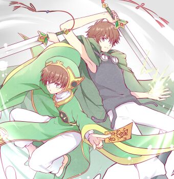 Rule 34 | 2boys, arm up, back-to-back, between fingers, black boots, black tank top, boots, brown eyes, brown hair, cardcaptor sakura, chinese clothes, cloak, closed mouth, creator connection, crossover, dianzi, energy, feet out of frame, flats, full body, goggles, goggles around neck, green cloak, green eyes, green hat, green robe, green shoes, grey background, hat, highres, holding, holding sword, holding weapon, hood, hood down, hooded cloak, knee up, kurabayashi, li syaoran, li syaoran (battle costume), long sleeves, look-alike, looking at viewer, magic, male focus, multiple boys, outstretched arms, pants, pants tucked in, parted lips, pelvic curtain, robe, serious, shoes, short hair, sideways glance, spread arms, sword, sword tassel, talisman, tank top, tassel, tsubasa chronicle, weapon, white pants, wide sleeves, xiaolang