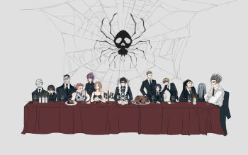 Rule 34 | 3girls, 6+boys, absurdres, bandaged head, bandages, bare shoulders, black coat, black hair, black jacket, black necktie, black pants, blonde hair, blue hair, bonolenov ndongo, bracelet, breasts, brown hair, candle, candlestand, chicken (food), chrollo lucilfer, cleavage, coat, collared shirt, covered face, cup, drinking glass, ebasatrun, facepaint, facial mark, feitan portor, fine art parody, food, forehead mark, formal clothes, franklin bordeau, frown, glasses, grey background, grey hair, hair over face, hair slicked back, head rest, highres, hisoka morow, hunter x hunter, indoors, jacket, jewelry, juliet sleeves, korutopi, long earlobes, long sleeves, machi komacine, meal, meat, multiple boys, multiple girls, necktie, nobunaga hazama, odd one out, one eye covered, own hands together, pakunoda, pants, parody, phinks magcub, plate, ponytail, puffy sleeves, purple hair, red hair, scar, scar on face, scar on forehead, shalnark, shirt, shizuku murasaki, short hair, sideburns, silk, simple background, sitting, sleeveless, small breasts, spider web, spiked hair, standing, suit, tablecloth, the last supper, uvogin, widow's peak, wine glass