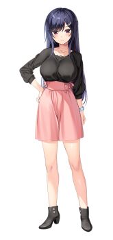 1girl akebi_saki amaemi-longing_for_you- ankle_boots arm_at_side black_boots black_shirt blouse blue_hair blush boots breasts full_body hair_ornament hairclip hand_on_own_hip high_heel_boots high_heels large_breasts large_variant_set long_hair looking_at_viewer official_art oryo_(oryo04) pink_skirt red_eyes shirt sidelocks simple_background skirt solo standing tachi-e variant_set watch white_background wristwatch