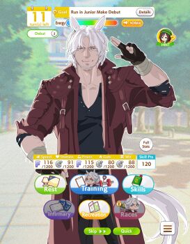 1boy absurdres animal_ears coat crossover dante_(devil_may_cry) devil_may_cry_(series) devil_may_cry_5 fingerless_gloves gameplay_mechanics gloves highres horse_ears qqtape red_coat umamusume white_hair