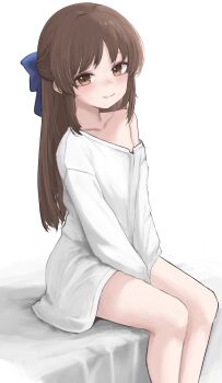 1girl absurdres blue_bow borrowed_clothes bow brown_eyes brown_hair closed_mouth commentary feet_out_of_frame hair_bow highres idolmaster idolmaster_cinderella_girls long_sleeves looking_at_viewer nullkurage oversized_clothes oversized_shirt shirt sitting smile solo tachibana_arisu v_arms white_background white_shirt