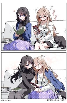 2girls ahoge akatsuki_mikoto aoi_rei black_hair black_shirt black_skirt blanket blonde_hair blue_eyes blue_jacket blush_stickers book book_stack breasts brown_eyes cat commentary_request covering_with_blanket covering_with_clothes earrings falling_asleep highres holding holding_book jacket jewelry kudo_eru long_hair looking_at_phone medium_breasts mikoto_to_rei multiple_girls original phone pleated_skirt reading red_nails shirt skirt sleepy smile white_shirt yuri