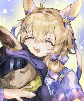 Rule 34 | 1girl, :d, ^ ^, animal ears, arknights, blonde hair, bow, closed eyes, commentary request, doctor (arknights), hair bow, holding, holding stuffed toy, kroos (arknights), kroos (moonlit voyage) (arknights), long hair, open mouth, purple bow, rabbit ears, ribbon, smile, solo, sparkle, stuffed animal, stuffed rabbit, stuffed toy, ujoe 7hr, upper body