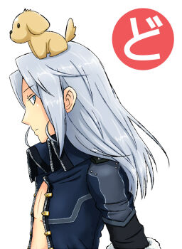 1boy alternate_color animal animal_on_head blue_eyes blue_shirt closed_mouth collared_shirt commentary_request dog dog_on_head expressionless grey_hair gunslinger_(ragnarok_online) long_hair looking_at_viewer looking_to_the_side male_focus nama_mana on_head open_clothes open_shirt profile ragnarok_online shirt simple_background solo upper_body white_background