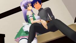 1boy 1girl 3d animated assertive_female blue_eyes blue_hair boko877 breast_press breasts crotch_rub glasses indoors interior large_breasts legs long_hair naughty_face original purple_hair seductive_smile short_hair sideboob sitting skirt smile sound thighs video waitress