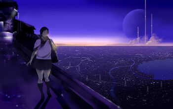 Rule 34 | 1girl, bad id, bad pixiv id, black hair, cityscape, female focus, highres, lake, moon, outdoors, river, scenery, school uniform, serafuku, shiira, short hair, sky, solo, star (symbol)