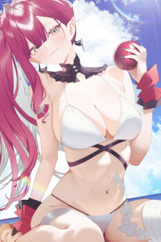 1girl absurdres alternate_breast_size_(larger) apple baobhan_sith_(fate) baobhan_sith_(swimsuit_pretender)_(third_ascension)_(fate) bare_shoulders beach bikini blue_sky blush breasts bridal_gauntlets cleavage commentary detached_collar earrings fate/grand_order fate_(series) food fruit grey_eyes highres jewelry kurozawa_yui large_breasts long_hair looking_at_viewer navel pink_hair pointy_ears side_ponytail sideboob sidelocks sky smile solo stomach swimsuit thighhighs thighs white_bikini white_thighhighs
