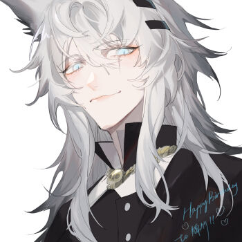 1boy animal_ear_fluff animal_ears arknights black_coat black_jacket blue_eyes buttons closed_mouth coat collared_jacket commentary_request dated eyelashes genderswap genderswap_(ftm) grey_hair hair_between_eyes hair_ornament hairclip happy_birthday heart high_collar highres jacket jewelry lappland_(arknights) lappland_(refined_horrormare)_(arknights) light_smile long_hair looking_at_viewer looking_down messy_hair necklace official_alternate_costume open_clothes portrait scar scar_across_eye scar_on_face shikiri simple_background smile solo upper_body white_background white_hair wolf_boy wolf_ears