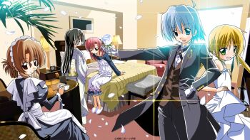 00s 1boy 4girls apron ayasaki_hayate bed blonde_hair blue_eyes blue_hair blush brown_hair butler dress flower formal_clothes gloves green_eyes hata_kenjirou hayate_no_gotoku! highres holding_rose hotel_room japanese_clothes katsura_hinagiku kimono maid maid_headdress maria_(hayate_no_gotoku!) multiple_girls official_art petals pink_hair purple_eyes purple_hair red_eyes rose saginomiya_isumi sanzen'in_nagi sleeveless sleeveless_dress smile suit tea white_flower white_rose window yellow_eyes