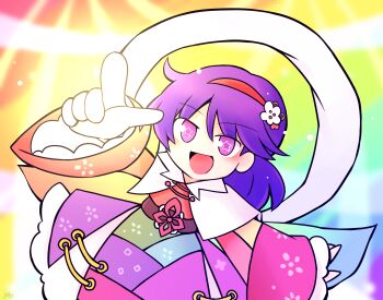Rule 34 | 1girl, 216, :d, alternate costume, alternate eye color, artist name, belt, blush, brown belt, cape, commentary request, dress, eyes visible through hair, floral print, flower, frilled dress, frilled sleeves, frills, hair between eyes, hair flower, hair ornament, hairband, headband, long sleeves, looking at viewer, medium hair, multicolored cape, multicolored dress, no nose, no pupils, open mouth, patchwork clothes, pink eyes, pointing, pointing up, print dress, purple hair, rainbow background, rainbow gradient, red headband, signature, smile, solo, star (symbol), star in eye, symbol in eye, tenkyuu chimata, touhou, two-sided cape, two-sided fabric, white cape, white flower, wide sleeves