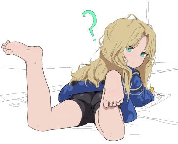 1girl ? aqua_eyes ass barefoot bike_shorts black_shorts blonde_hair blue_jacket blush diana_(pragmata) drawing_(object) feet feet_up foreshortening from_behind jacket legs legs_up loli long_hair looking_at_viewer looking_back lying on_stomach pragmata shorts soles solo the_pose toes