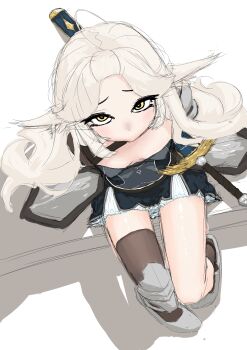 1girl ahoge armor breasts cleavage forehead from_above hip_armor indie_virtual_youtuber knight leg_armor looking_at_viewer looking_up matoi_miia meatscepter sheath small_breasts sword virtual_youtuber weapon white_hair yellow_eyes