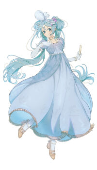 1girl alternate_costume aqua_eyes aqua_hair blue_dress blue_gloves commentary darkgreyclouds dress elbow_gloves english_commentary fashion formal_clothes full_body gloves hatsune_miku high_heels highres holding jewelry long_dress looking_at_viewer necklace pearl_necklace puffy_short_sleeves puffy_sleeves regency_era shoes short_sleeves simple_background twintails united_kingdom vocaloid white_background worldwide_miku
