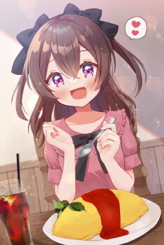 Rule 34 | 1girl, absurdres, black bow, black bowtie, bow, bowtie, brown hair, chair, collar, collared shirt, commentary, cup, delicious party precure, drinking glass, dutch angle, food, frilled collar, frills, hair bow, heart, highres, hiiragi syuu, holding, holding spoon, indoors, looking at viewer, medium hair, nagomi yui, omelet, omurice, open mouth, pink shirt, precure, purple eyes, saliva, shirt, short sleeves, sitting, smile, solo, sparkle, spoken heart, spoon, table, two side up, wooden chair, wooden table