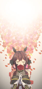 1girl animal_ears bare_shoulders braid braided_hair_rings breasts brown_hair closed_eyes commentary covered_collarbone detached_sleeves dress ear_covers ear_ornament facing_viewer flower gentildonna_(regina_dei_fiori)_(umamusume) gentildonna_(umamusume) gloves gradient_background grey_background hair_between_eyes hair_ornament hair_rings hands_up heart-shaped_ornament heart_ear_ornament highres holding holding_flower horse_ears horse_girl large_breasts long_hair petals red_flower red_rose rose see-through_cleavage see-through_clothes sidelocks solo umamusume upper_body white_gloves yasume_yukito