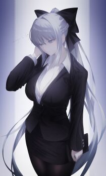 Rule 34 | 1girl, black bow, black pantyhose, black shirt, black skirt, blue eyes, blush, bow, braid, breasts, cleavage, collared shirt, commentary request, fate/grand order, fate (series), grey hair, hair bow, half up braid, highres, large breasts, long hair, morgan le fay (fate), office lady, original, pantyhose, pencil skirt, ponytail, salaryman, shirt, shirt tucked in, sidelocks, skirt, solo, standing, very long hair, zyz 019