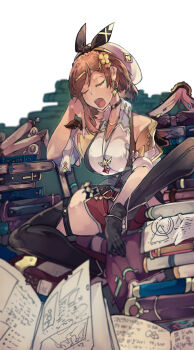 1girl atelier_(series) atelier_ryza atelier_ryza_3 beret book book_stack bracelet braid breasts brown_gloves brown_hair brown_vest choker closed_eyes clover_hair_ornament crown_braid earrings floating_earrings gloves hair_ornament hat highres jewelry kerowe large_breasts leather leather_belt leather_gloves multiple_bracelets multiple_necklaces necklace red_shorts reisalin_stout short_hair shorts single_glove sleeping solo star_(symbol) star_choker star_earrings star_necklace thighhighs too_many too_many_books vest white_hat x_hair_ornament