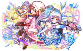 2girls alternate_costume alternate_hairstyle anime_coloring aqua_eyes aqua_hair aqua_skirt artist_request bare_shoulders bare_tree black_pantyhose blonde_hair blue_gemstone blue_sky boots braid braided_ponytail branch breasts brown_footwear brown_pantyhose buttons center_frills closed_mouth coat collar collared_coat crash_fever crescent crescent_ornament cross-laced_clothes cross-laced_dress detached_collar detached_sleeves dress frilled_skirt frilled_sleeves frills full_body fur_hat galilei_(crash_fever) galileo_(crash_fever) game_cg gem gloves gold_buttons gold_ring gradient_clothes gradient_skirt green_outline grey_dress hair_intakes hair_tie half_updo hat hat_ornament heart heart-shaped_gem heart-shaped_hole holding holding_lantern holding_staff jewelry juliet_sleeves knee_boots lace-trimmed_coat lace_trim lantern light_brown_hair light_particles long_sideburns long_sleeves looking_at_viewer medium_breasts multicolored_hair multiple_girls newsboy_cap number_print numbered octagram official_alternate_costume official_alternate_hairstyle official_art open_clothes open_coat open_mouth outline pantyhose parted_lips pink_coat pink_gemstone pink_hat pink_sleeves plaid_clothes plaid_dress pocket pom_pom_(clothes) print_gloves puffy-trimmed_coat puffy_collar puffy_sleeve_cuffs puffy_sleeves purple_gemstone purple_hair purple_scarf red_gemstone red_outline ribbon ring scarf see-through_hair_ornament see-through_skirt_layer shirt short_hair short_hair_with_long_locks side_ponytail sideburns skirt sky sleeve_cuffs sleeve_ribbon sleeves_past_wrists smile snowflake_ornament snowflakes square square_print staff strapless strapless_shirt tachi-e teeth telescope third-party_source transparent_background tree upper_teeth_only white_collar white_fur white_gemstone white_gloves white_hair white_ribbon wide_sleeves winter winter_clothes winter_coat yellow_eyes yellow_sleeves