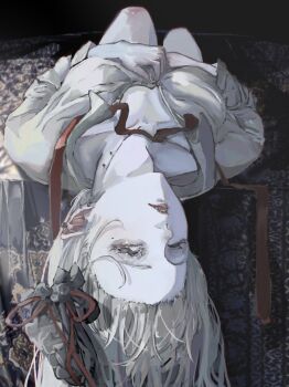 1girl 3_hai4 bite_mark bite_mark_on_neck collarbone fang genderswap genderswap_(mtf) hair_ornament highres long_hair looking_at_viewer lying mole mole_under_eye nijisanji on_back pale_skin partially_unbuttoned red_eyes red_lips sanya_(kuzuha) shirt solo vampire_bite virtual_youtuber white_hair white_shirt