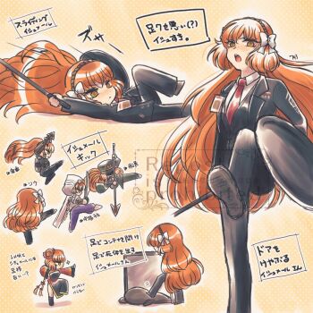 1girl 793_(oo793oo) arm_up black_dress black_jacket black_pants bow brown_hairband commentary_request dress freckles frilled_sleeves frills green_eyes hair_bow hairband harpoon harpoon_gun holding_harpoon hongyuan_(identity)_(project_moon) id_card ishmael_(project_moon) jacket kicking limbus_company liu_association_south_uniform long_hair looking_at_viewer middle_(identity)_(project_moon) molar_boatworks_(identity)_(project_moon) multiple_views necktie open_mouth orange_background orange_hair pants pequod_(identity)_(project_moon) polka_dot polka_dot_background project_moon purple_pants red_necktie red_shrug rope shrug_(clothing) spin_kick translation_request very_long_hair white_bow