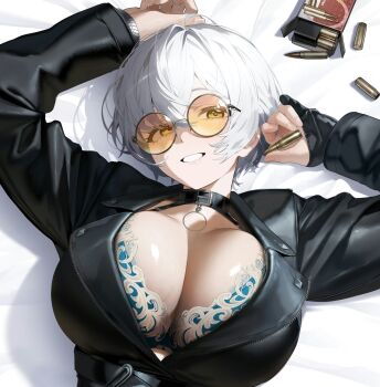 1girl ammunition arm_up bed_sheet belt_collar black_collar black_jacket blue_bra blush bra breasts character_request cleavage collar commentary crossed_bangs glasses grin hair_between_eyes highres jacket large_breasts leather leather_jacket long_sleeves looking_at_viewer lying nine_(kanine41) no_shirt o-ring on_back original round_eyewear shadow shell_casing shiny_skin short_hair smile solo symbol-only_commentary tinted_eyewear underwear unfinished upper_body white_hair yellow-tinted_eyewear yellow_eyes zipper