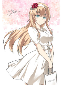 1girl bag blonde_hair blue_eyes braid breasts commentary_request cowboy_shot dated dress flower gakky hairband half_up_braid highres holding holding_bag kantai_collection long_hair looking_at_viewer mitsukoshi_(department_store) official_alternate_costume one-hour_drawing_challenge red_flower red_rose rose short_sleeves signature smile solo warspite_(kancolle) warspite_(mitsukoshi)_(kancolle) white_dress white_hairband