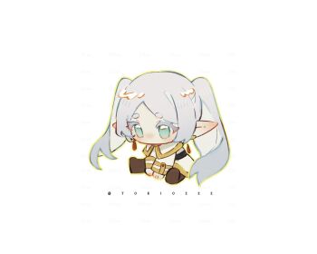 Rule 34 | 1girl, belt, black belt, boots, brown boots, capelet, chibi, chibi only, earrings, elf, frieren, gold trim, green eyes, grey hair, hashtag-only commentary, highres, jacket, jewelry, long hair, parted bangs, pointy ears, skirt, solo, sousou no frieren, thick eyebrows, tokitokiee, twintails, twitter username, white background, white capelet, white jacket, white skirt