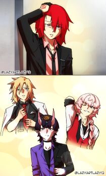 1boy 3girls astolfo_(fate) bishounen black_necktie black_shirt blonde_hair blush commentary earrings english_commentary fate/grand_order fate_(series) fujimaru_ritsuka_(female) highres jewelry lazyartlazy12 long_hair looking_at_viewer mordred_(fate) multiple_girls necktie pink_hair purple_eyes purple_shirt red_eyes red_hair red_necktie red_shirt shirt shuten_douji_(fate) taida_(lazyartlazy12)