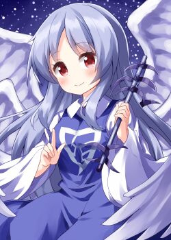 Rule 34 | 1girl, angel, angel wings, blue dress, blue hair, blue theme, blush, breasts, collared shirt, commentary, dress, eyelashes, genderswap, genderswap (otf), highres, long hair, long sleeves, multiple wings, one-hour drawing challenge, pointing, red eyes, ruu (tksymkw), sariel (touhou), shirt, small breasts, smile, touhou, touhou (pc-98), upper body, very long hair, wand, white shirt, wide sleeves, wings