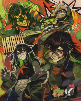 1girl alexartxvi black_jacket black_nails black_pants black_shirt character_name claw_pose closed_mouth colored_inner_hair colored_sclera commentary crocodile_girl fangs green_hair green_scales green_streaks hair_flaps head_rest hood hood_up hooded_jacket indie_virtual_youtuber jacket kairyu_crocodile looking_at_viewer multicolored_hair pants pointy_ears red_eyes second-party_source shirt sleeveless sleeveless_shirt smile solo streaked_hair symbol-only_commentary virtual_youtuber yellow_sclera