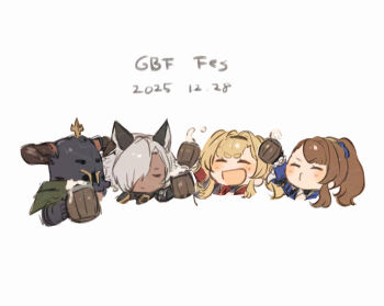 2boys 2girls :3 :d ^_^ animal_ears beer_mug blonde_hair blush brown_hair chibi chibi_only closed_eyes cropped_shoulders cup curled_horns dark-skinned_male dark_skin dated erune eustace_(granblue_fantasy) fake_horns granblue_fantasy hair_over_one_eye helmet hibana_(hibana_ztlv) highres holding holding_cup horned_helmet horns mug multiple_boys multiple_girls open_mouth simple_background smile toasting_(gesture) vaseraga white_background white_hair zeta_(granblue_fantasy)