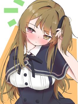 1girl absurdres arm_behind_back arm_up assault_lily black_capelet black_ribbon black_skirt blush breasts brown_hair buttons capelet chitonimu closed_mouth collared_shirt hair_ribbon hand_in_own_hair hand_up head_tilt heterochromia high-waist_skirt highres kuo_shenlin large_breasts long_hair looking_at_viewer neck_ribbon notice_lines one_side_up orange_background pink_eyes ribbon school_uniform shirt skirt solo standing suspender_skirt suspenders two-tone_background upper_body white_background white_shirt yellow_eyes yurigaoka_girls_academy_school_uniform