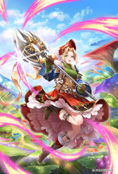 1girl axe blonde_hair breasts cloud dress full_body gloves green_eyes highres holding holding_axe long_hair looking_at_viewer meythia nemusuke official_art open_mouth romancing_saga_re;universe saga saga_frontier_2 smile solo square_enix